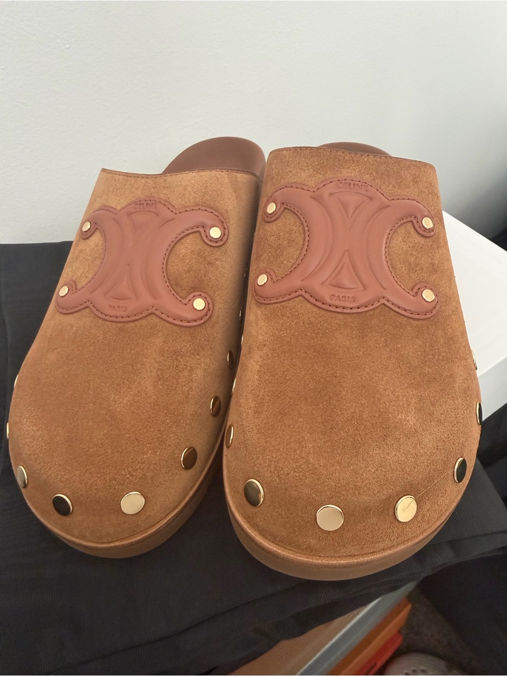 Celine Brown Suede Logo Clog Slippers
